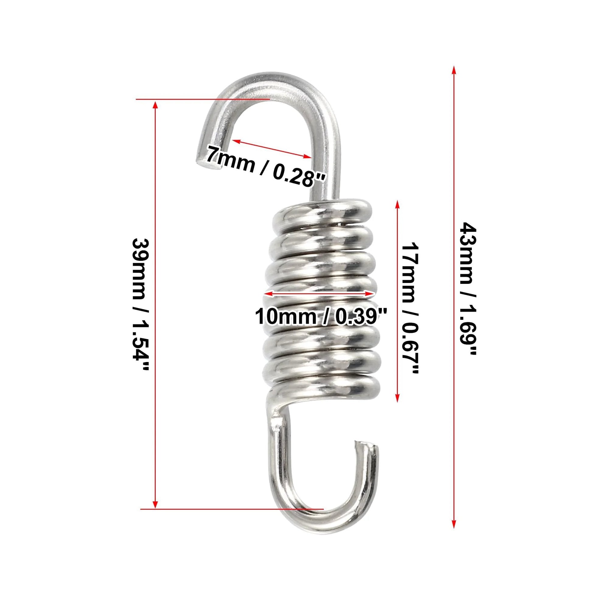 Two Pack Universal Motorcycle Exhaust Pipe Spring Set 43mm 1.69 Inch Stainless Steel Swivel Hook Design for Most Motorcycles Scooters ATVs Easy to Install and Durable Modified Accessory, close-up view with measurements.