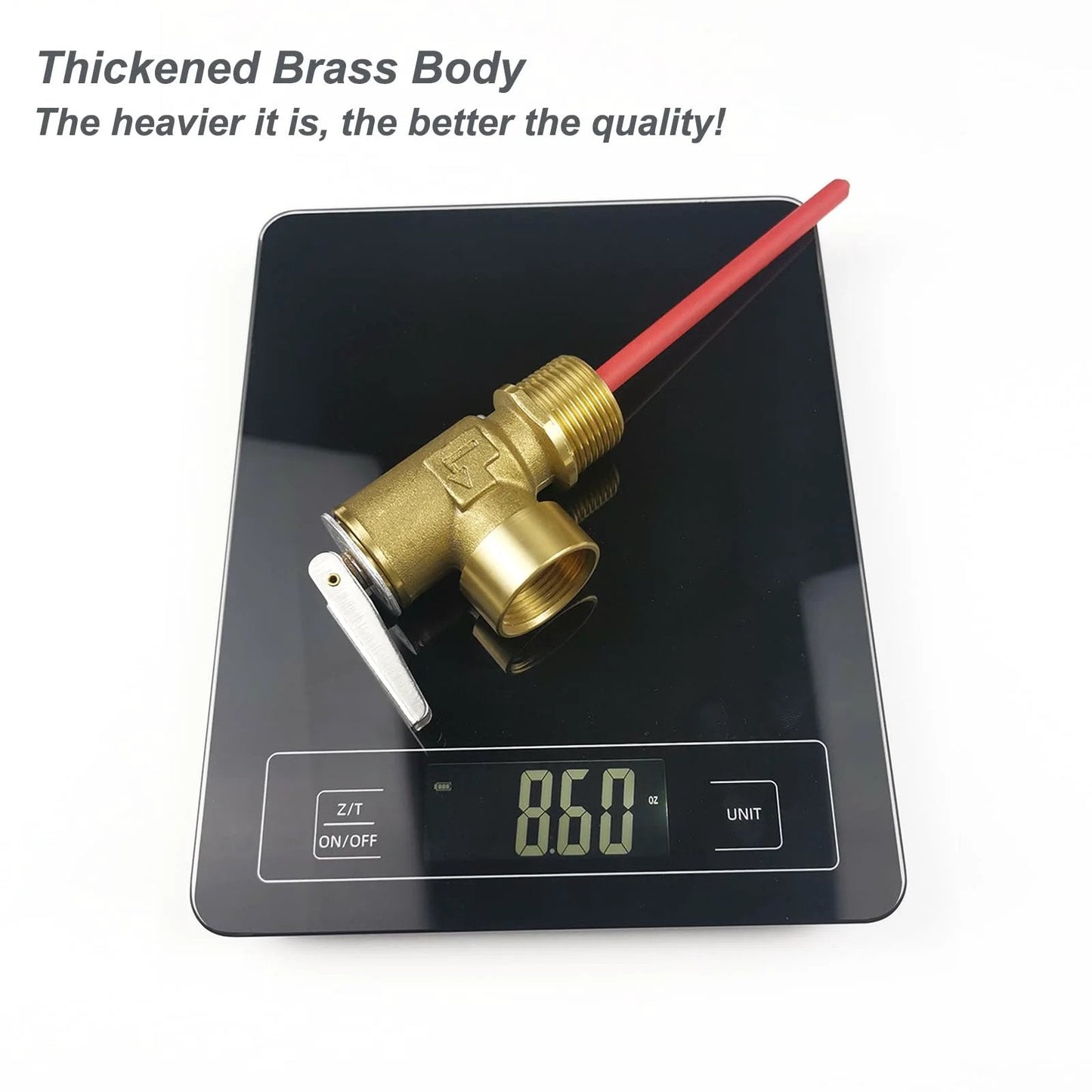 Heavy Duty RV Water Heater Relief Valve With 210 Fahrenheit And 150 PSI Safety Relief Thickened Brass Body on scale