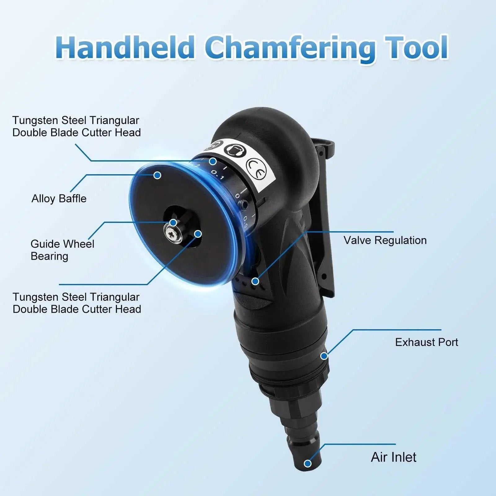 Mini Pneumatic Chamfering Tool Handheld 45 Degree Beveler For Metal And Wood Tile Edge Chamfering And Deburring Tool Durable C And R Angle Blades Portable Air Tool Kit For Precise Accuracy showing blade and features.