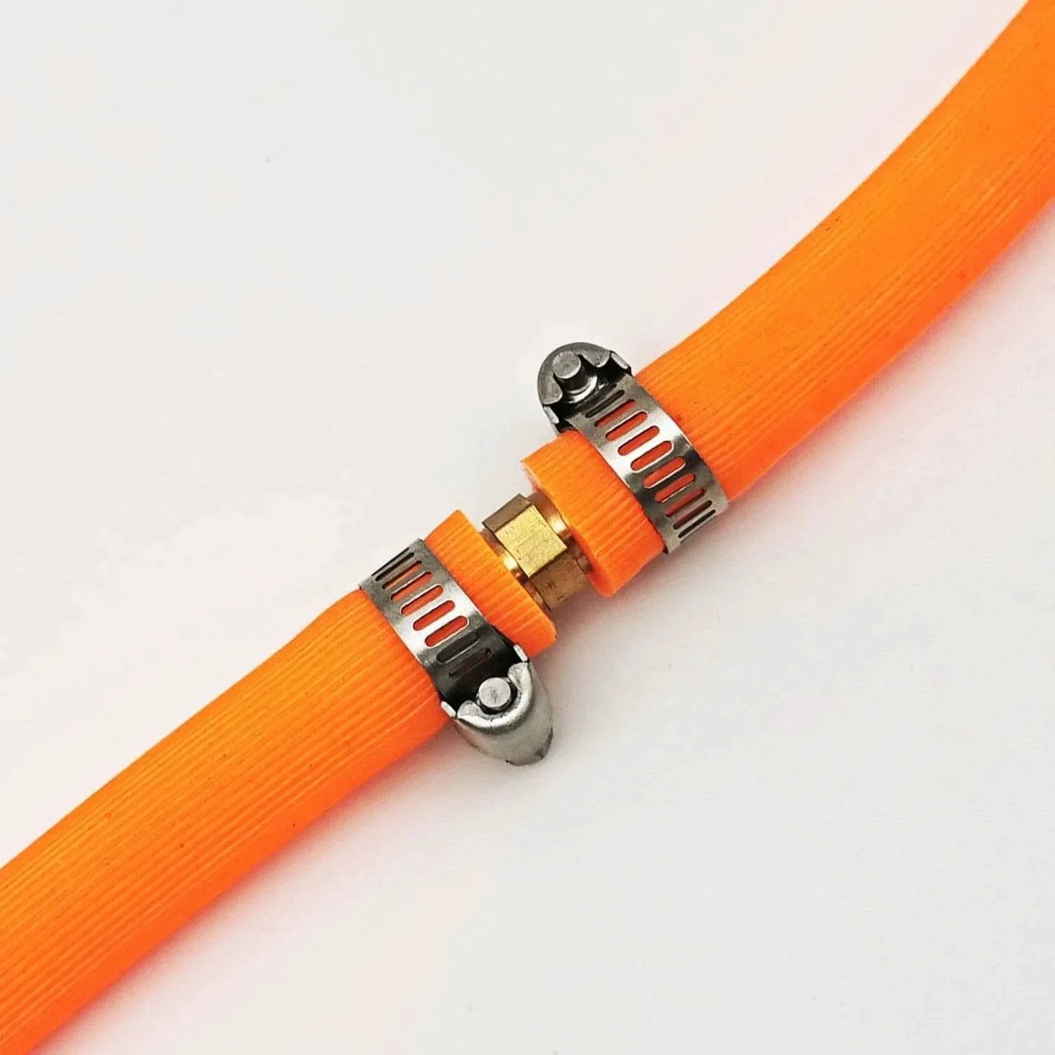 Three Eighths Inch Brass Hose Barb Splicer Mender Fittings With Six Stainless Steel Pipe Clamps for water fuel and air hoses