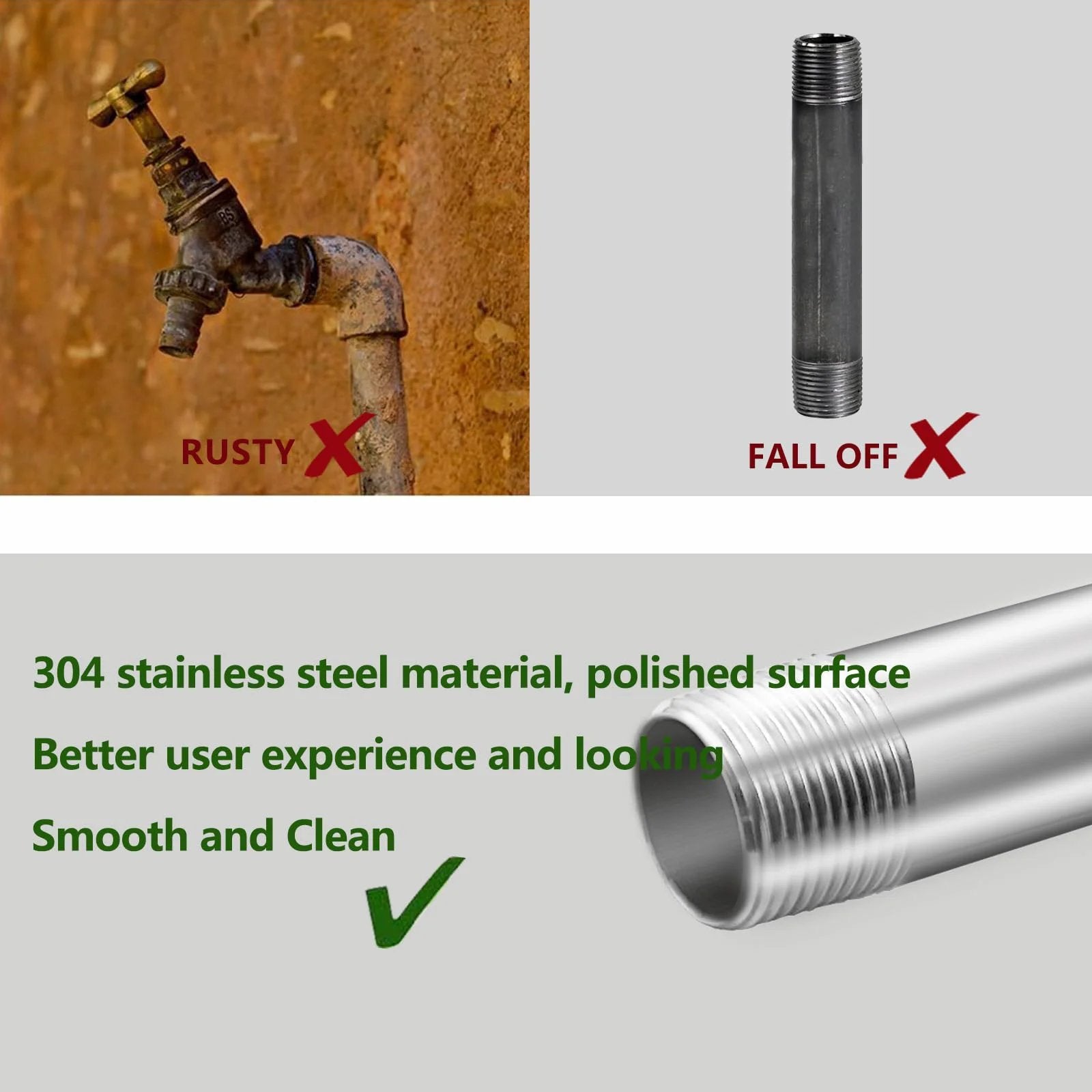 Heavy Duty GeilSpace Half Inch NPT Stainless Steel Pipe Nipples, Eighteen Inches Long, Set Of Two, 304 Stainless Steel, Rust Proof And Corrosion Resistant