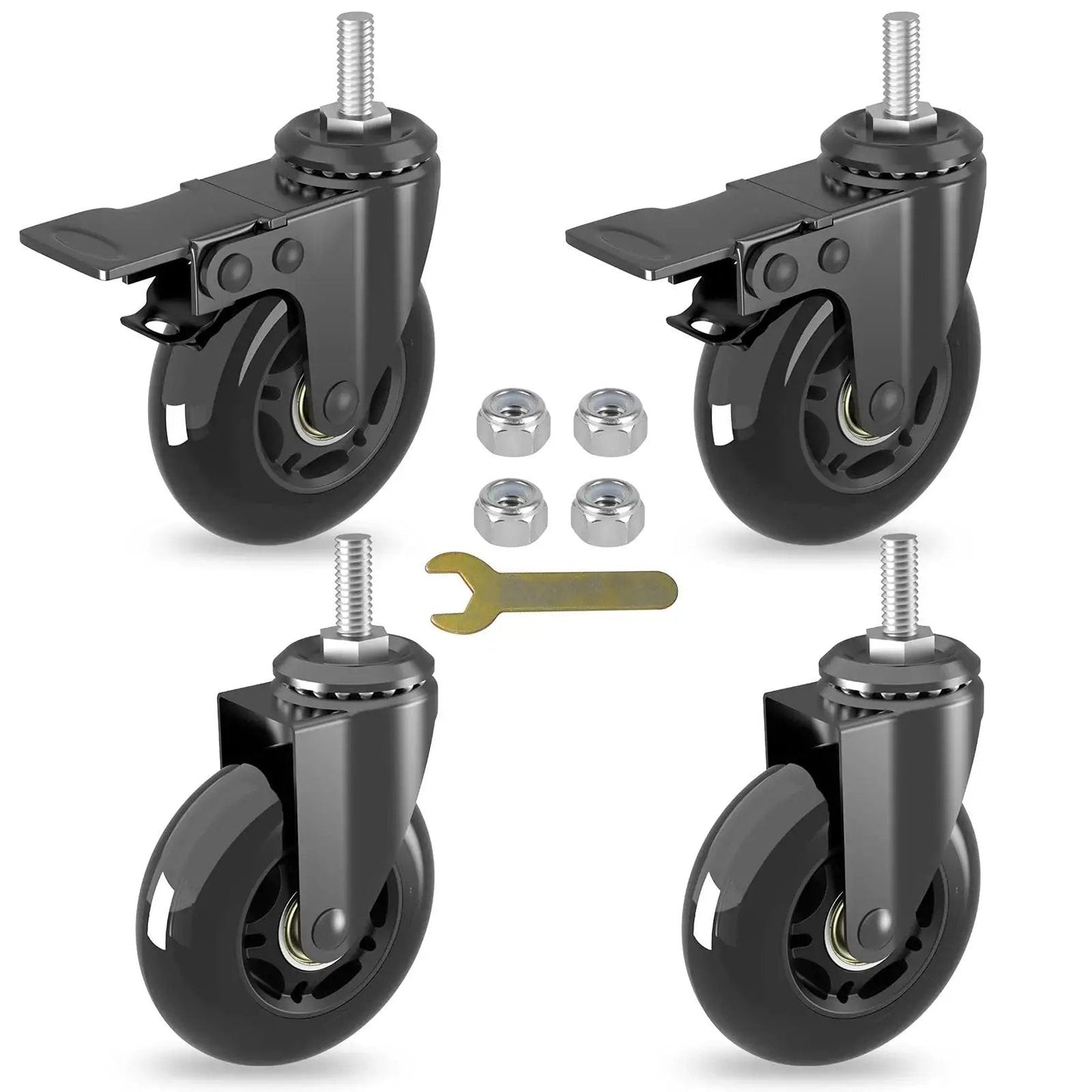 Three Inch Swivel Stem Caster Wheels Set Of Four With Two Brakes And Two Without Brakes Heavy Duty Threaded Stem Five Sixteenth Inch Eighteen TPI