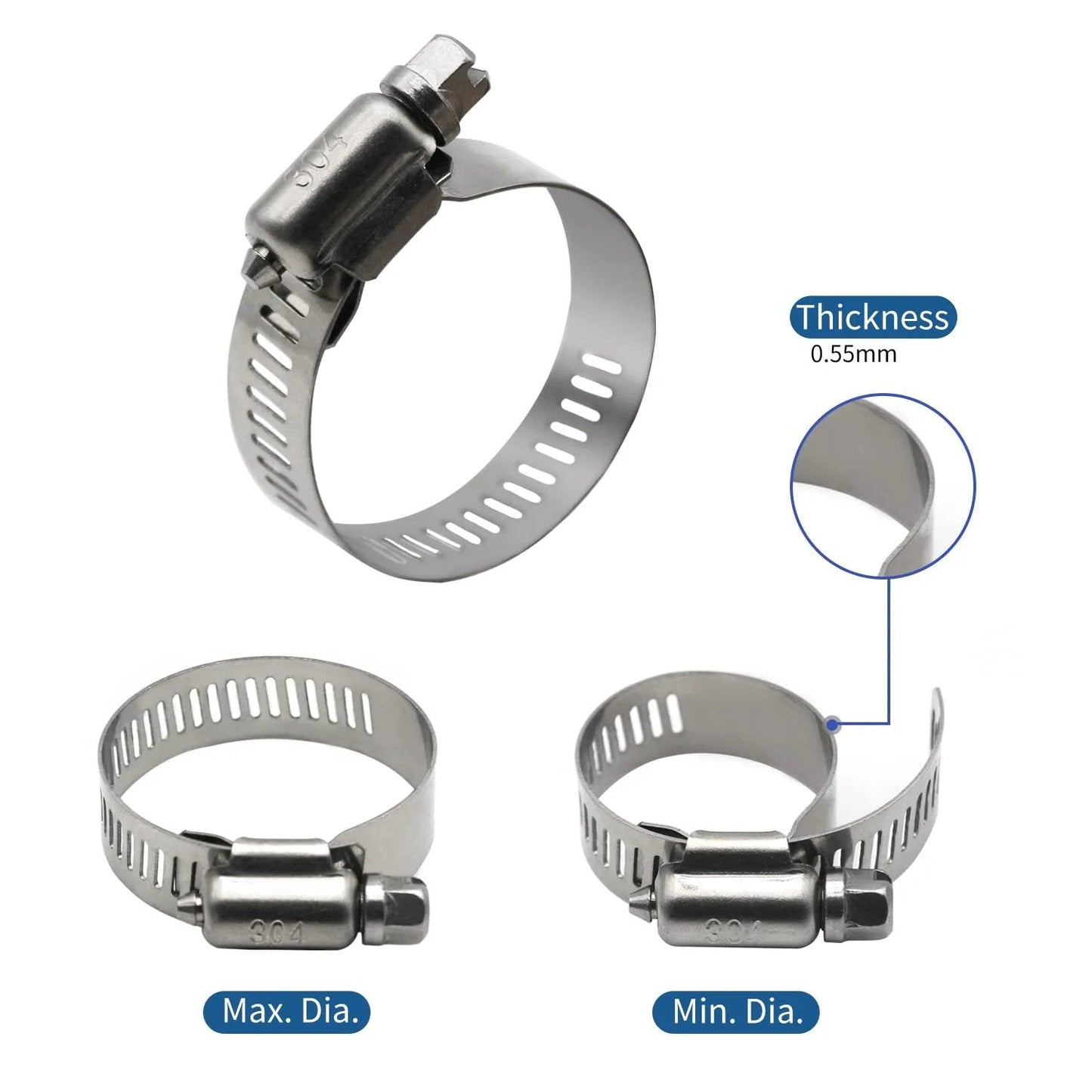 Heavy Duty 25 Pack Stainless Steel Hose Clamps, 1 Quarter to 1 Half Inch Worm Gear Metal Clamps with thickness detail