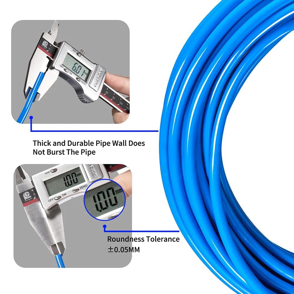 Close-up of a Blue Polyurethane Pneumatic Tubing Kit For Air Or Fluid Transfer, 6mm Outer Diameter And 4mm Inner, showing calipers measuring the tube.
