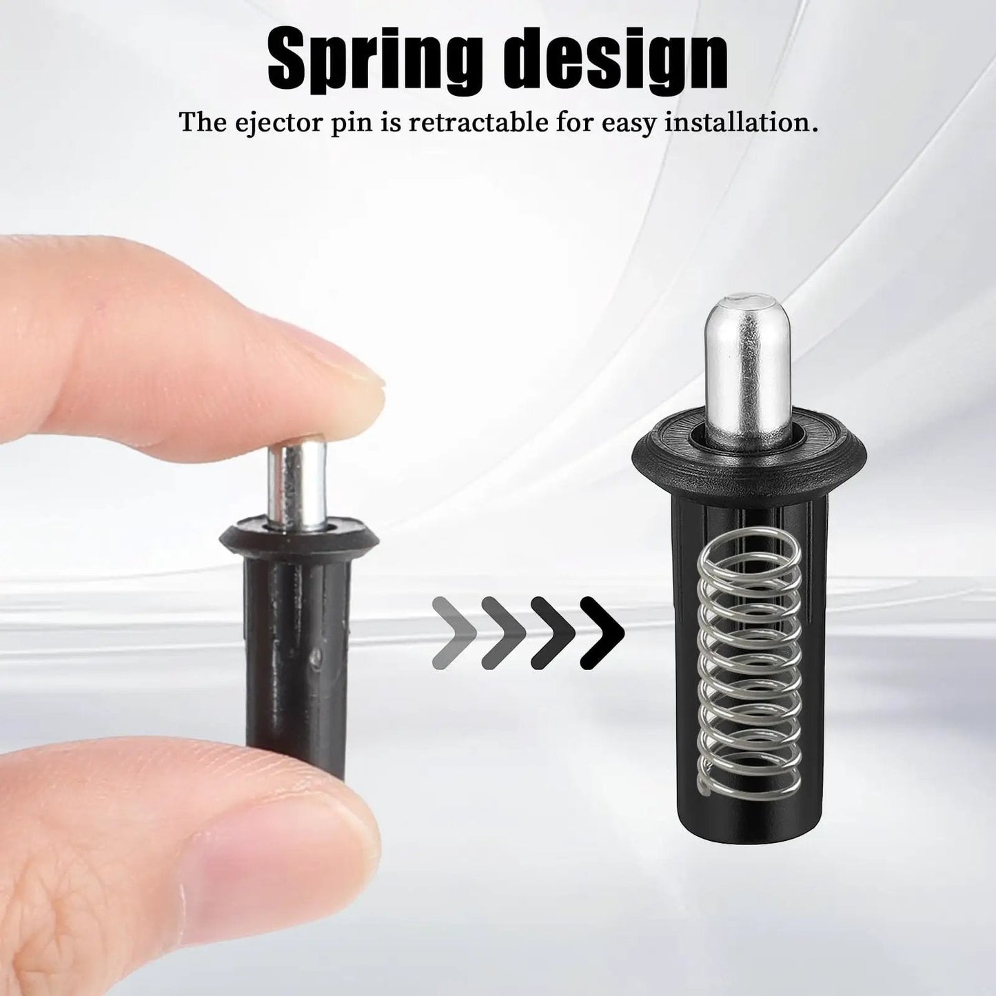 8 Piece Black Metal Cabinet Door Damper Pins Spring Loaded Telescopic Pivot Pins For Cabinet Doors And Shutters Furniture Repair And Maintenance Kit For Quick Home Repairs product showing spring design and retractable pin with hand holding a pin