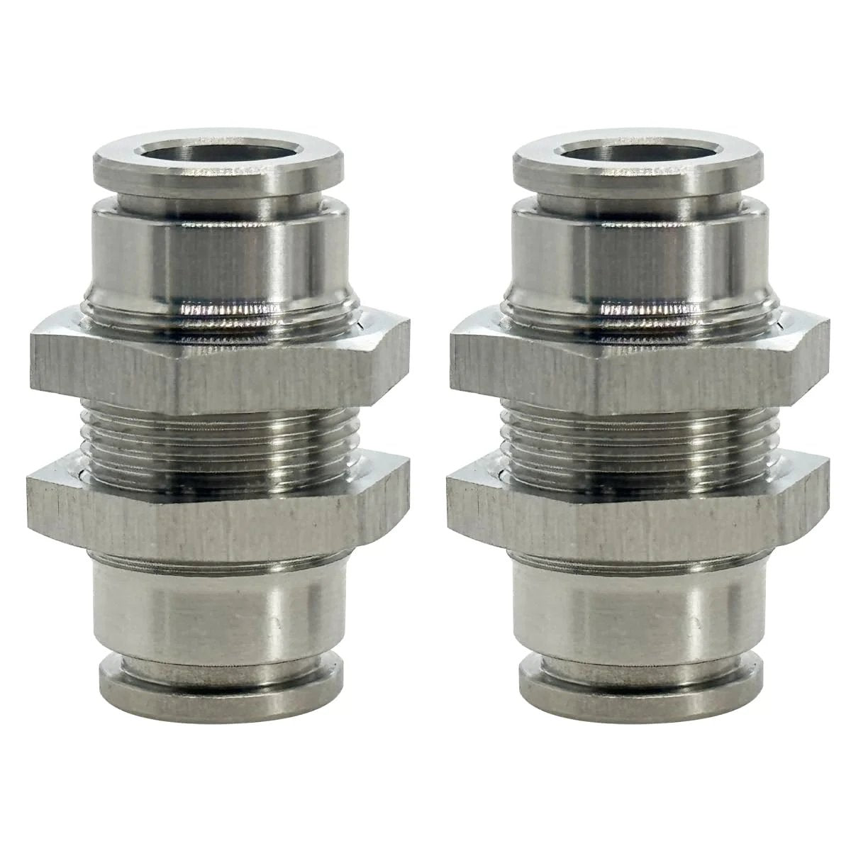 Front view of 2-Pack Bulkhead Union Push To Connect Pneumatic Fitting 3/8 Inch Tube OD, 304 Stainless Steel, for hoses and tools