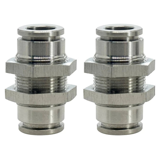 Front view of 2-Pack Bulkhead Union Push To Connect Pneumatic Fitting 3/8 Inch Tube OD, 304 Stainless Steel, for hoses and tools
