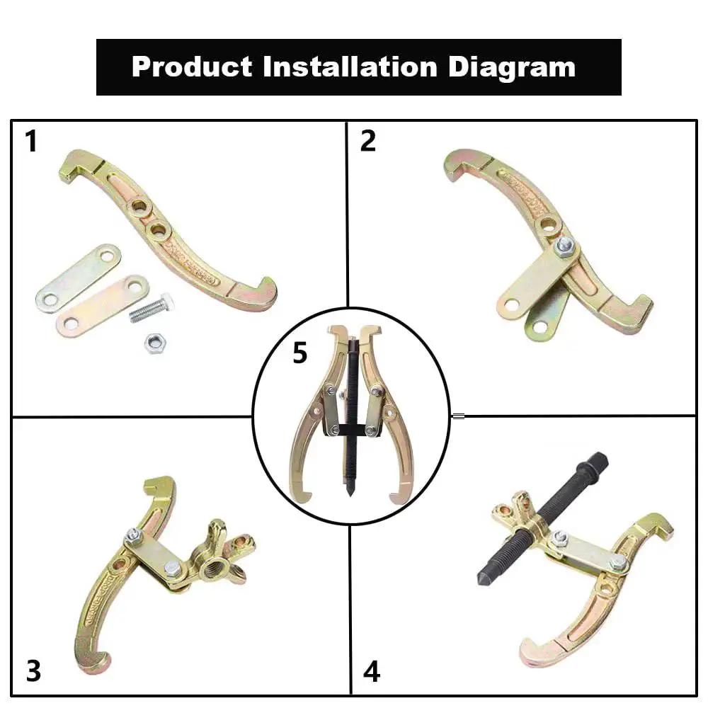 Installation diagram of Convertible Three To Two And Three Jaw Gear Puller with Reversible Jaws and components, 8-inch reach.