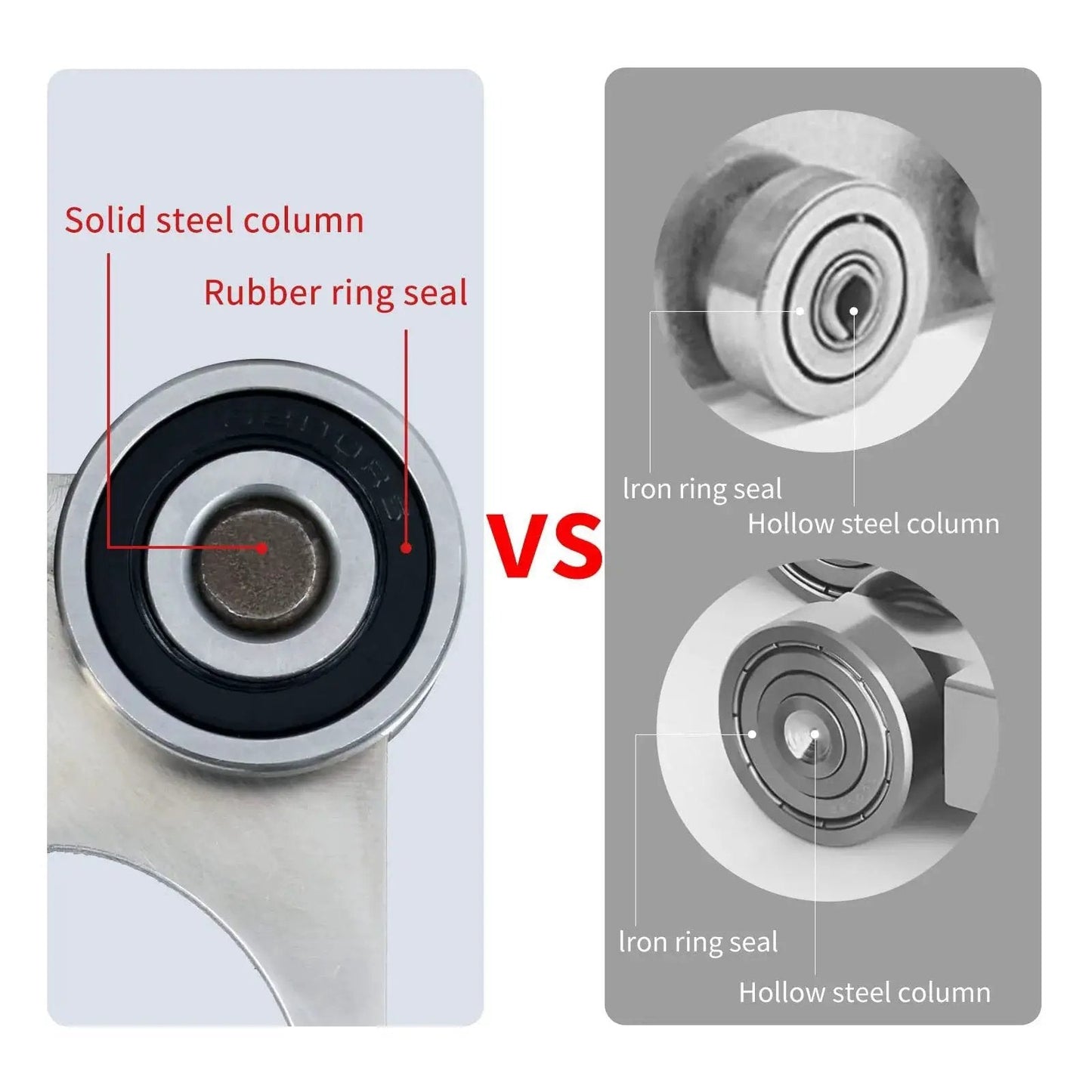 Comparison of solid steel and hollow steel columns with rubber and iron ring seals for four wheel trolley roller bearing assembly.