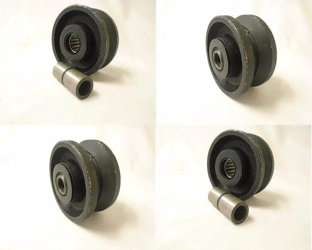 Workhorse V Groove Caster Wheel Set 3 Inch Diameter By 1.5 Inch Wide Iron Steel Seven Eighth Inch Bearing 375 Lb Each 1500 Lb Total Capacity Four Pack For Gates Carts And DIY Projects Creativ Brand shown in a foursome display on light background.