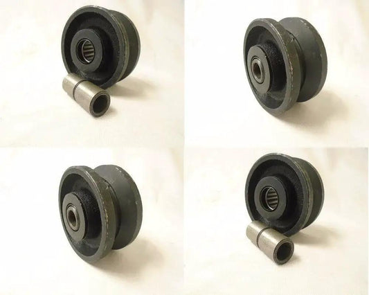 Workhorse V Groove Caster Wheel Set 3 Inch Diameter By 1.5 Inch Wide Iron Steel Seven Eighth Inch Bearing 375 Lb Each 1500 Lb Total Capacity Four Pack For Gates Carts And DIY Projects Creativ Brand shown in a foursome display on light background.