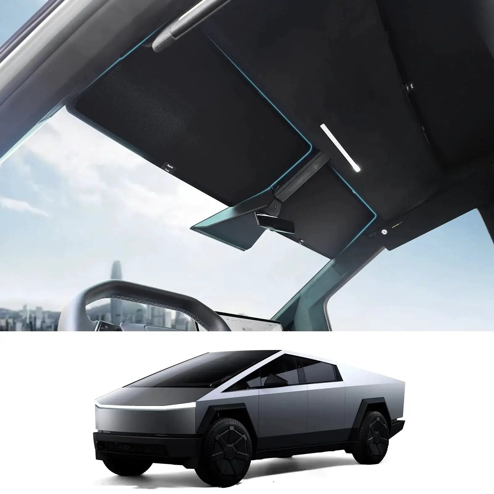 Cybertruck Roof Sunshade Kit Nano Reflective Heat Insulation UV Protection 2Pcs installed inside a Cybertruck cabin view.