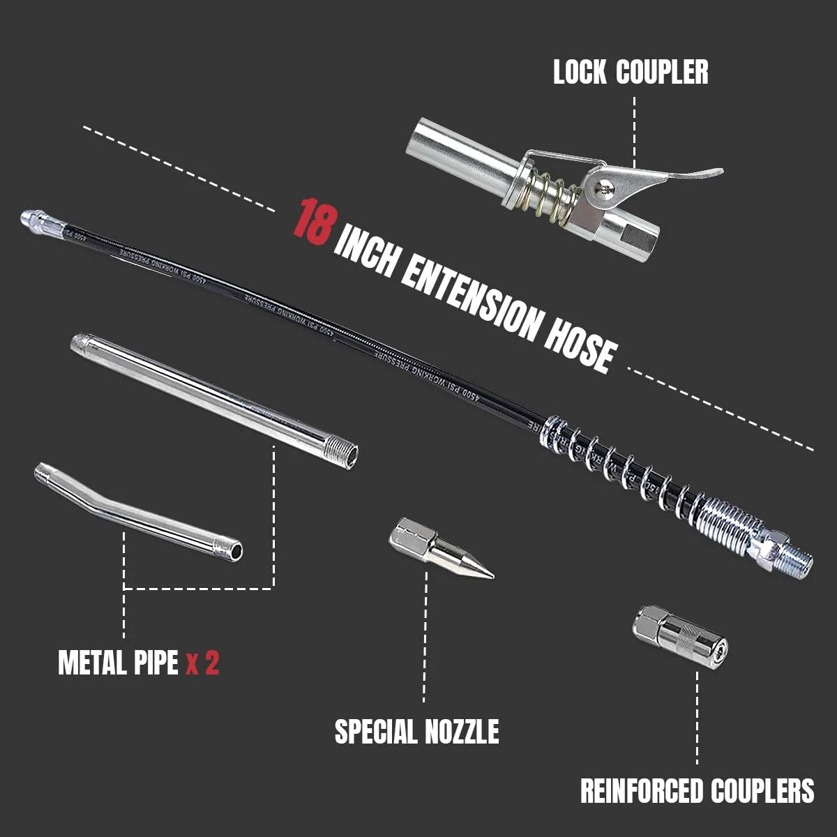 Beefy 7000 PSI Pistol Grip Grease Gun Kit with 18 inch extension hose, lock coupler, reinforced couplers, and two metal pipes