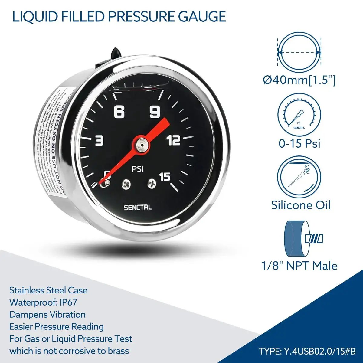 Inline Low Pressure Gauge 0-15 Psi For Water And Oil Testing, stainless steel case, 1.5-inch dial, back mount 1/8 NPT.