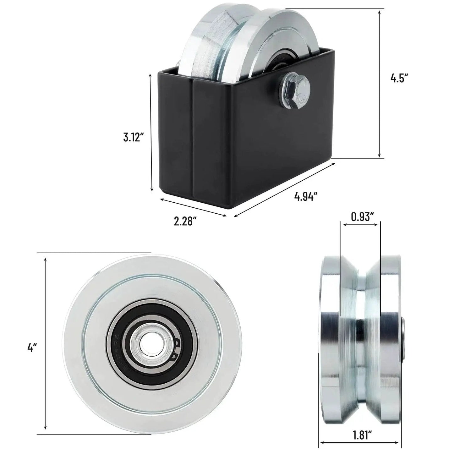 4 Inch V Groove Slide Gate Wheel With Welded Bracket Box in black, heavy duty, rust resistant for sliding doors and gates