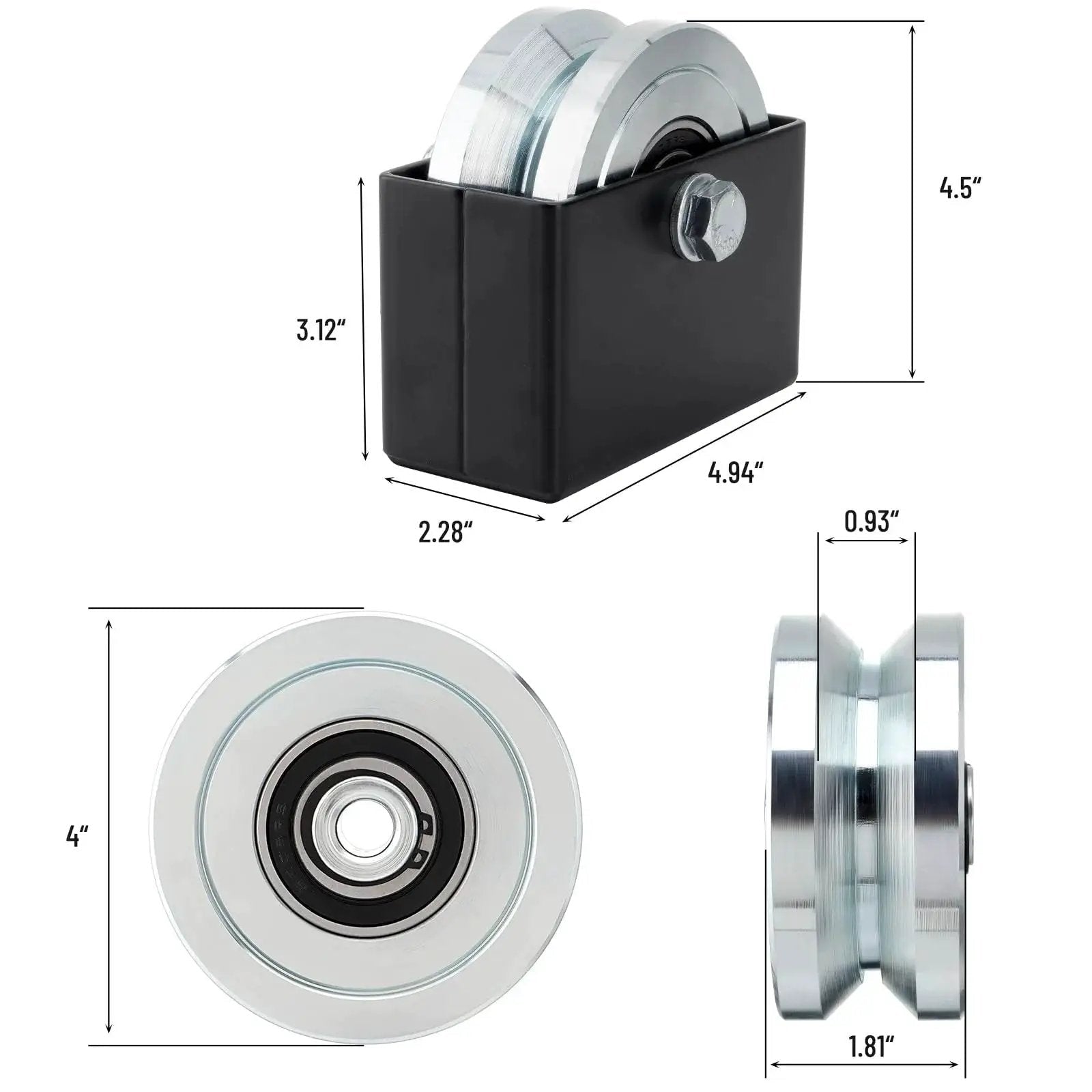 4 Inch V Groove Slide Gate Wheel With Welded Bracket Box in black, heavy duty, rust resistant for sliding doors and gates