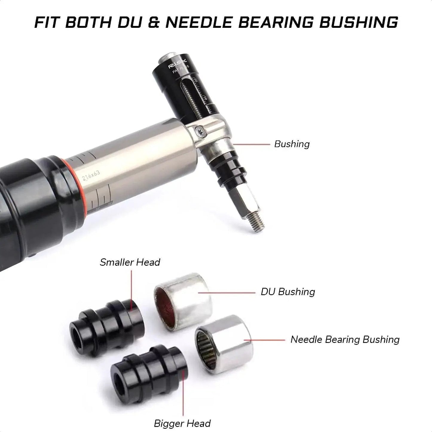 Close-up of Rear Shock Eyelet Bushing Removal And Installation Tool for RockShox and Fox suspensions with DU and needle bearing bushings.