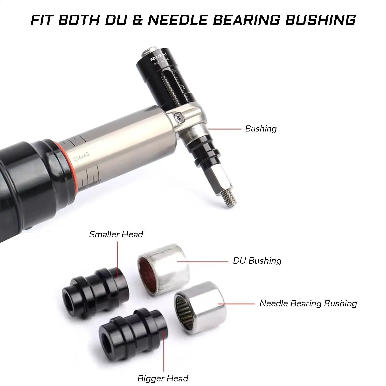 Close-up of Rear Shock Eyelet Bushing Removal And Installation Tool for RockShox and Fox suspensions with DU and needle bearing bushings.