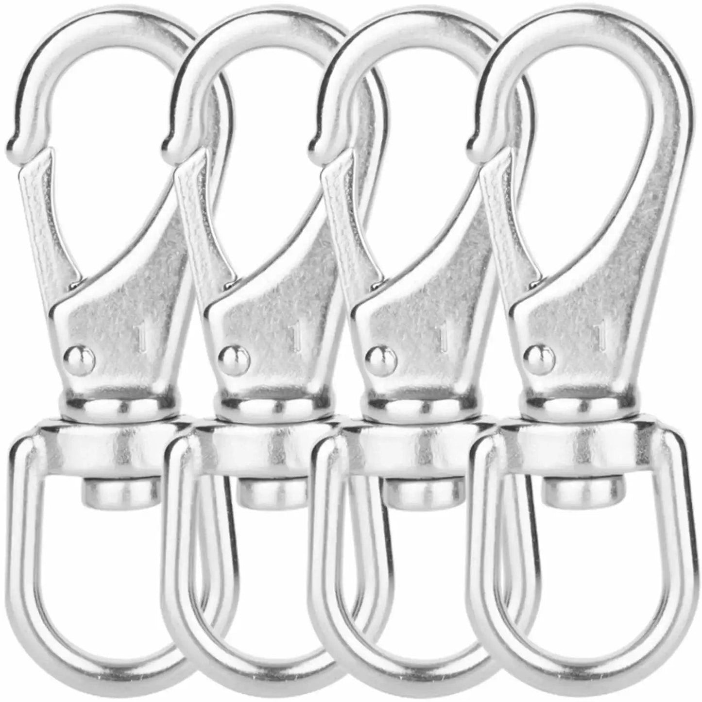 Front view of Stainless Steel Swivel Eye Snap Hooks Three Quarter Inch Heavy Duty Pack Of 4, showing sturdy build and swivel design.