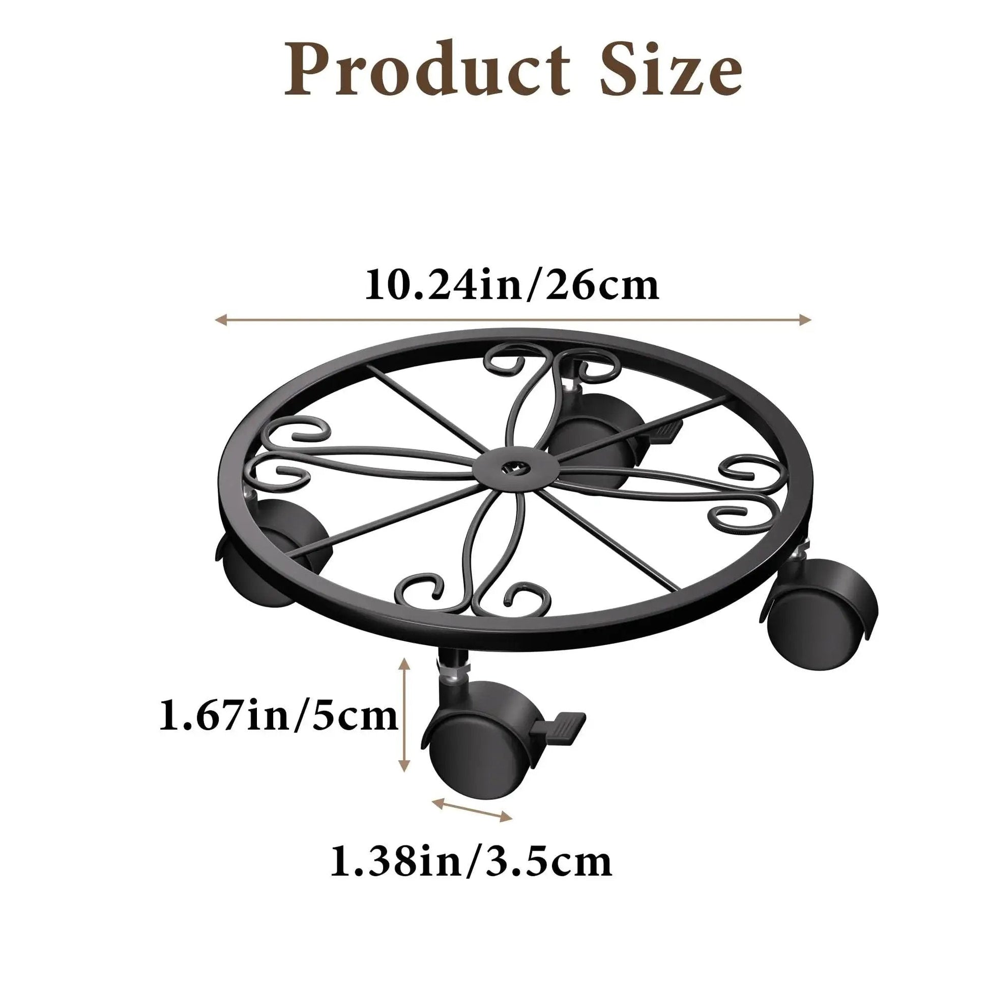 10.24 Inch Plant Caddy With Wheels For Indoor And Outdoor Use, showing metal frame and 360 Degree Lockable Casters, size dimensions labeled