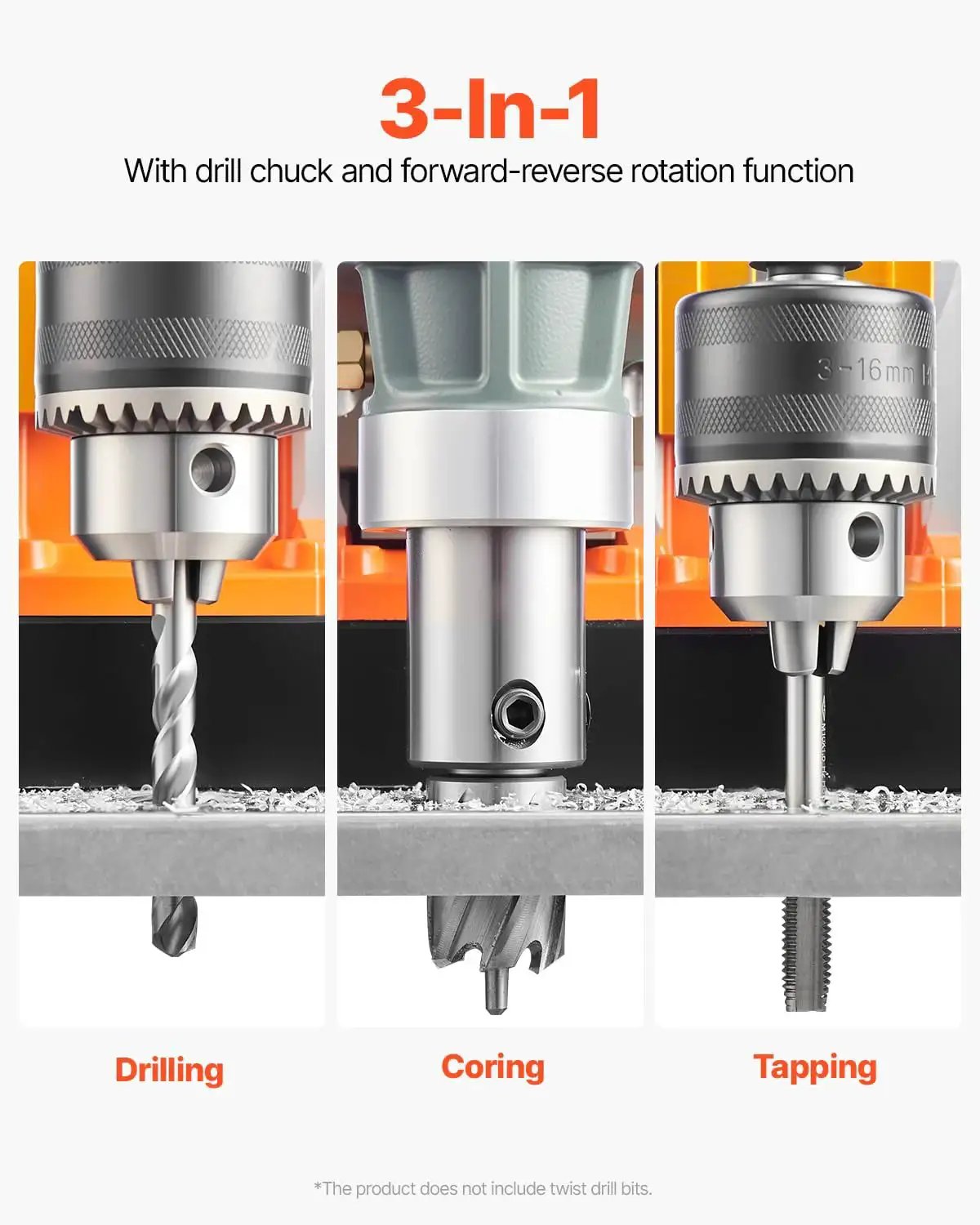 Close-up view of Heavy Duty Magnetic Drill Press with 1450W Motor showing drilling, coring, tapping functions.