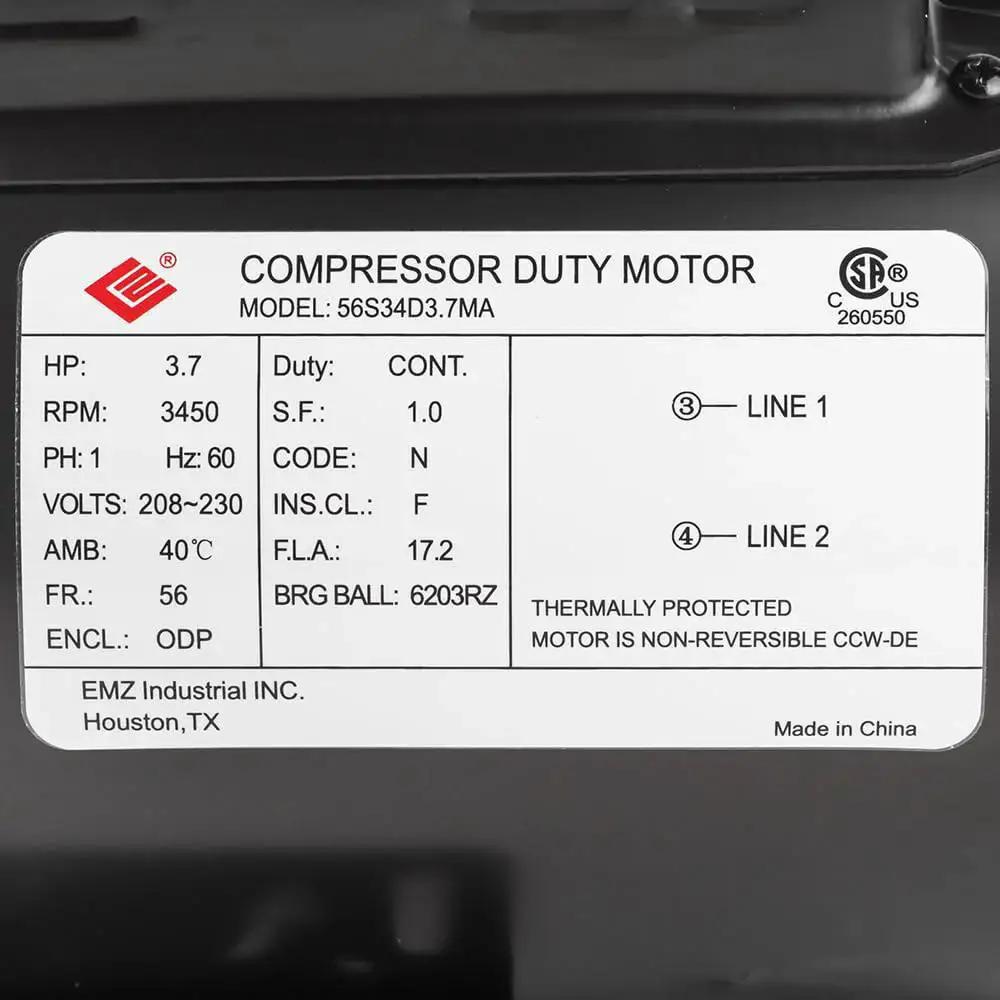 Label on Beefy 3.7 HP 230V Single Phase Air Compressor Motor, model 56S34D3.7MA, showing technical specifications and certifications