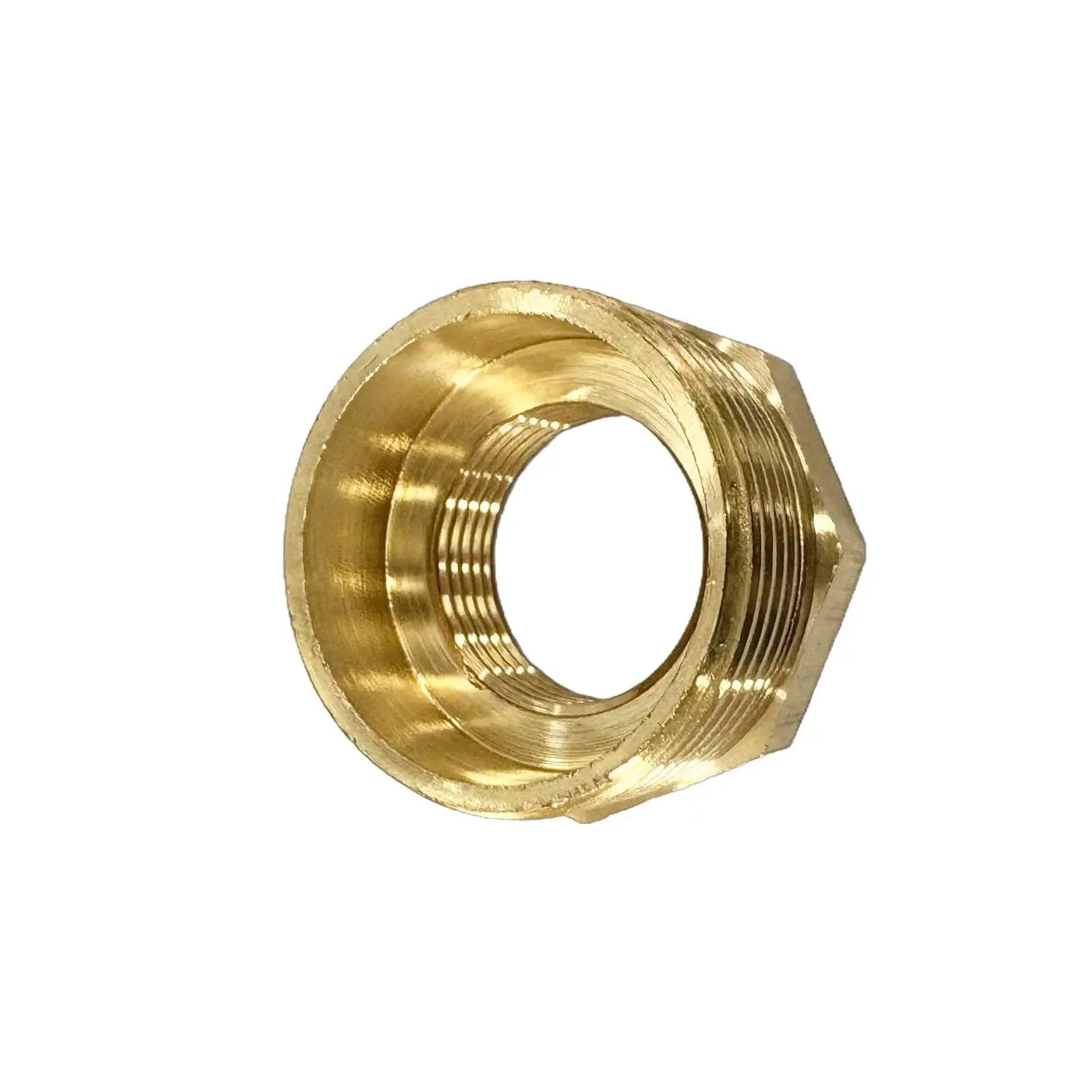 Brass Reducer Hex Bushing 1-1/4 Inch Male NPT To 3/4 Inch Female NPT Threaded Pipe Fitting Reducing Adapter, close-up view