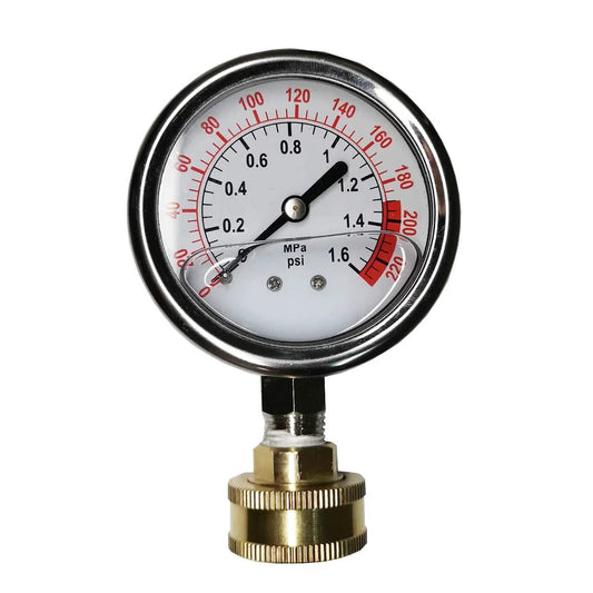 Liquid Filled Stainless Steel Pressure Gauge 0 To 220 Psi Two And A Half Inch Dial Three Quarter Inch Female GHT Garden Hose Thread