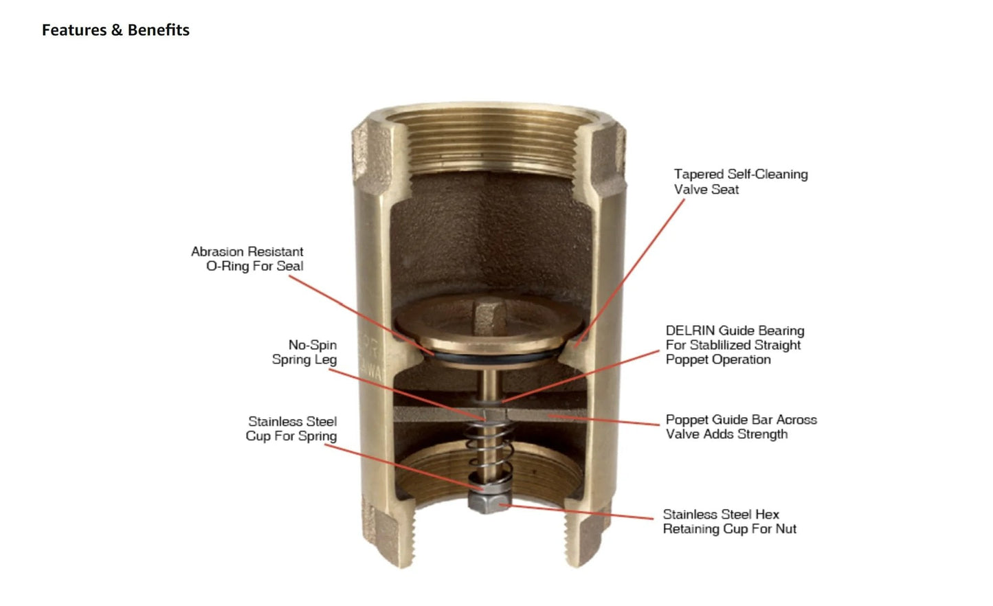 Detailed view of the Merrill 700 Series No-Lead Brass In-Line Check Valve For Irrigation And Well Systems, showing internal components.