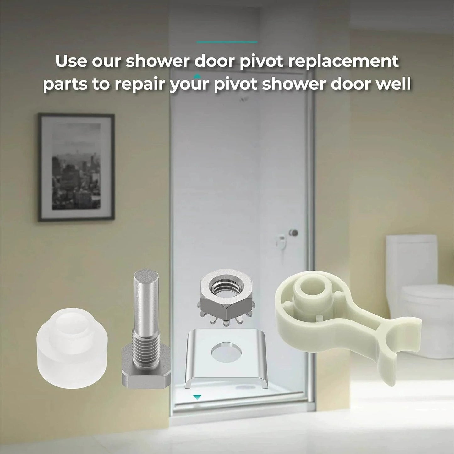 Shower Door Repair Kit With Pivot Pins And Bushings in a bathroom, showcasing stainless steel pivot pin and replacement parts.
