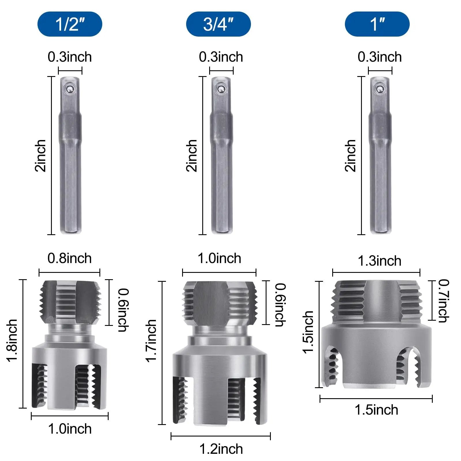 Dual Function PVC Pipe Threader Kit For Internal And External Threading In One Half Inch Three Quarter Inch And One Inch Pipes Go To Tool For Quick Plumbing Repairs And DIY Projects showing tools and dimensions