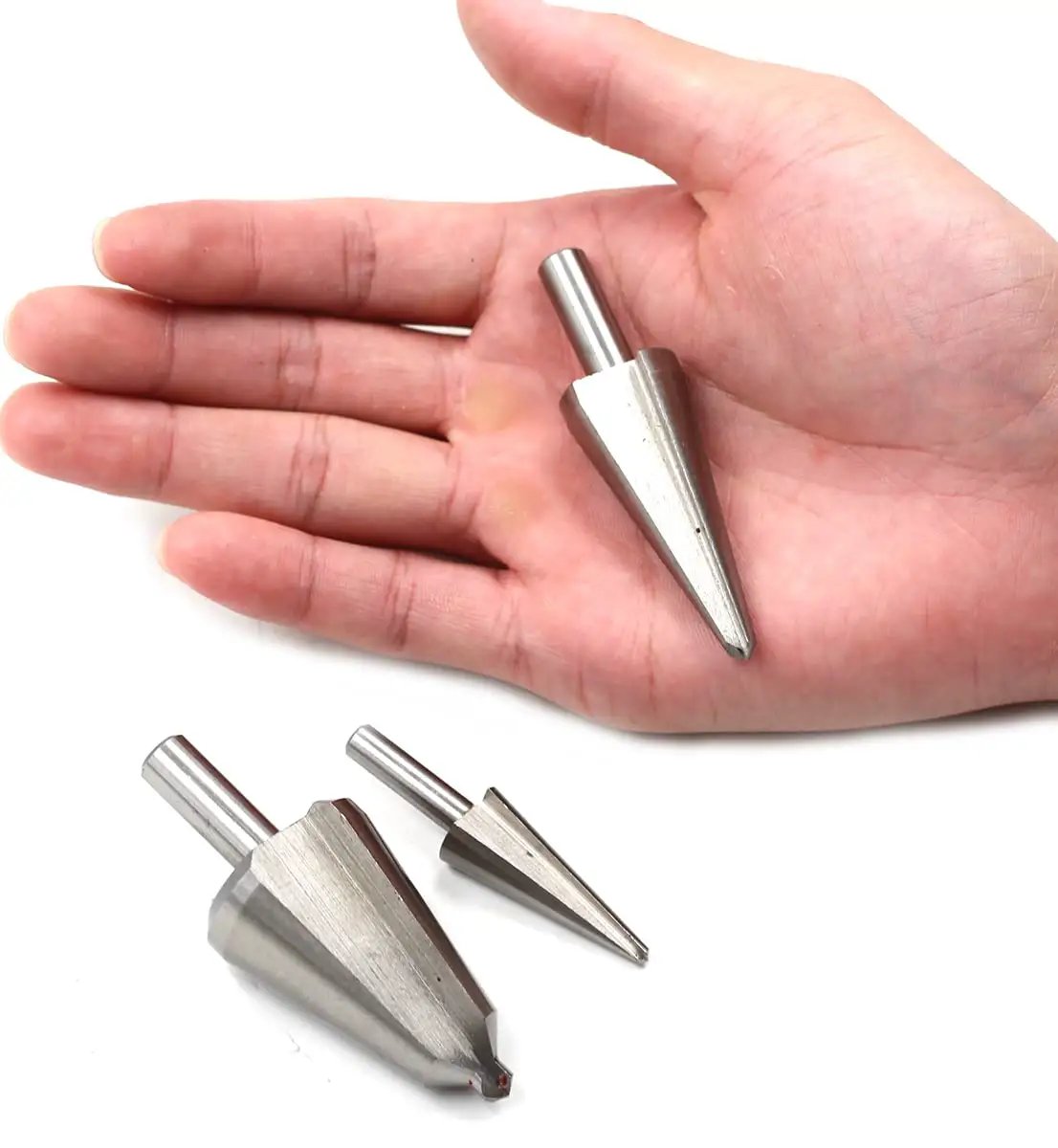 Umbrella Drill Bit Set 3Pc HSS 4241 Taper Power Drill Bits for Step Drilling and Cone Chamfer Cutting held in hand