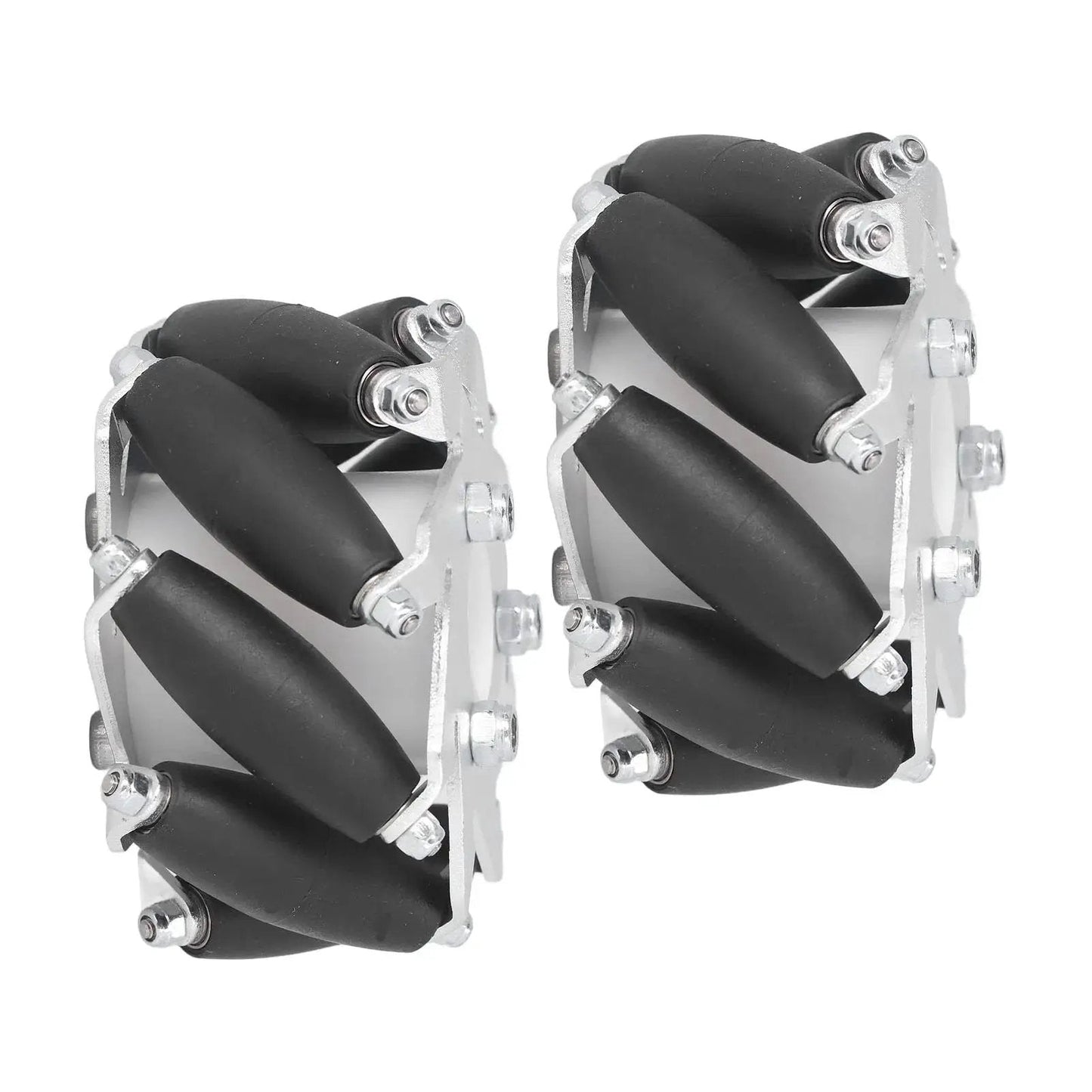 Side view of 60mm Omni Directional Aluminum Alloy Wheel Set For RC Robots And DIY Projects Featuring Eight Rubber Rollers Per Wheel