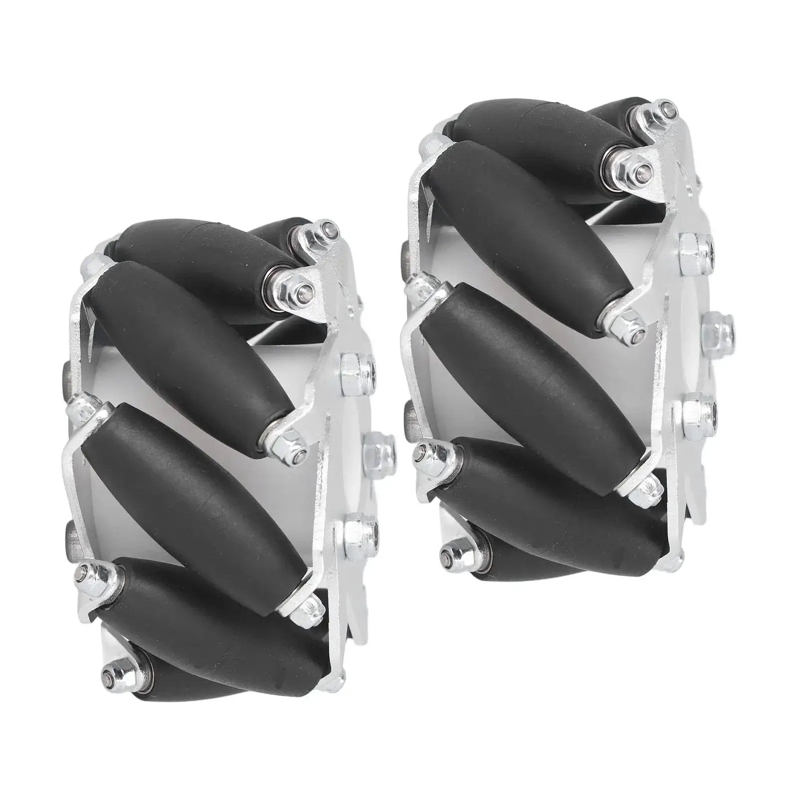 Side view of 60mm Omni Directional Aluminum Alloy Wheel Set For RC Robots And DIY Projects Featuring Eight Rubber Rollers Per Wheel