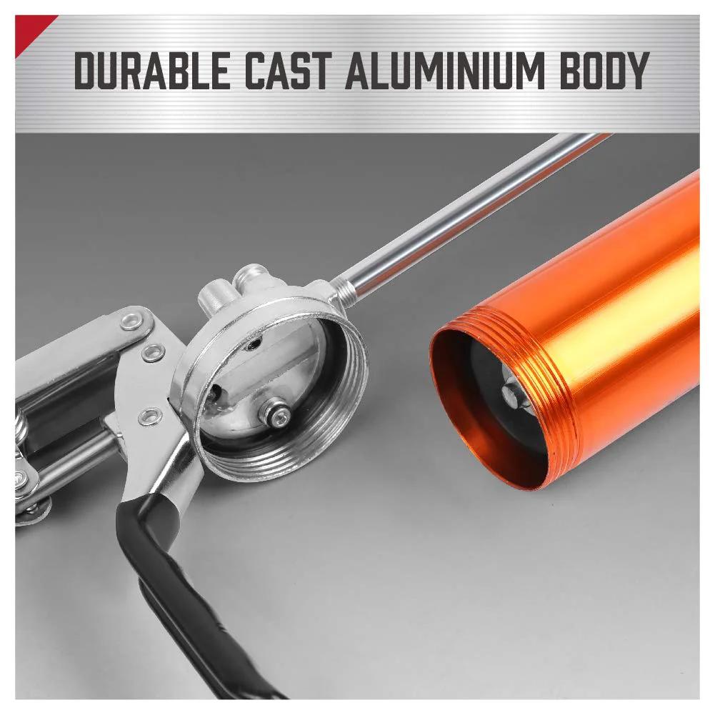 Heavy Duty Grease Gun Kit With 14oz Tubes, 7000 PSI High Pressure, shown with durable aluminum body close-up