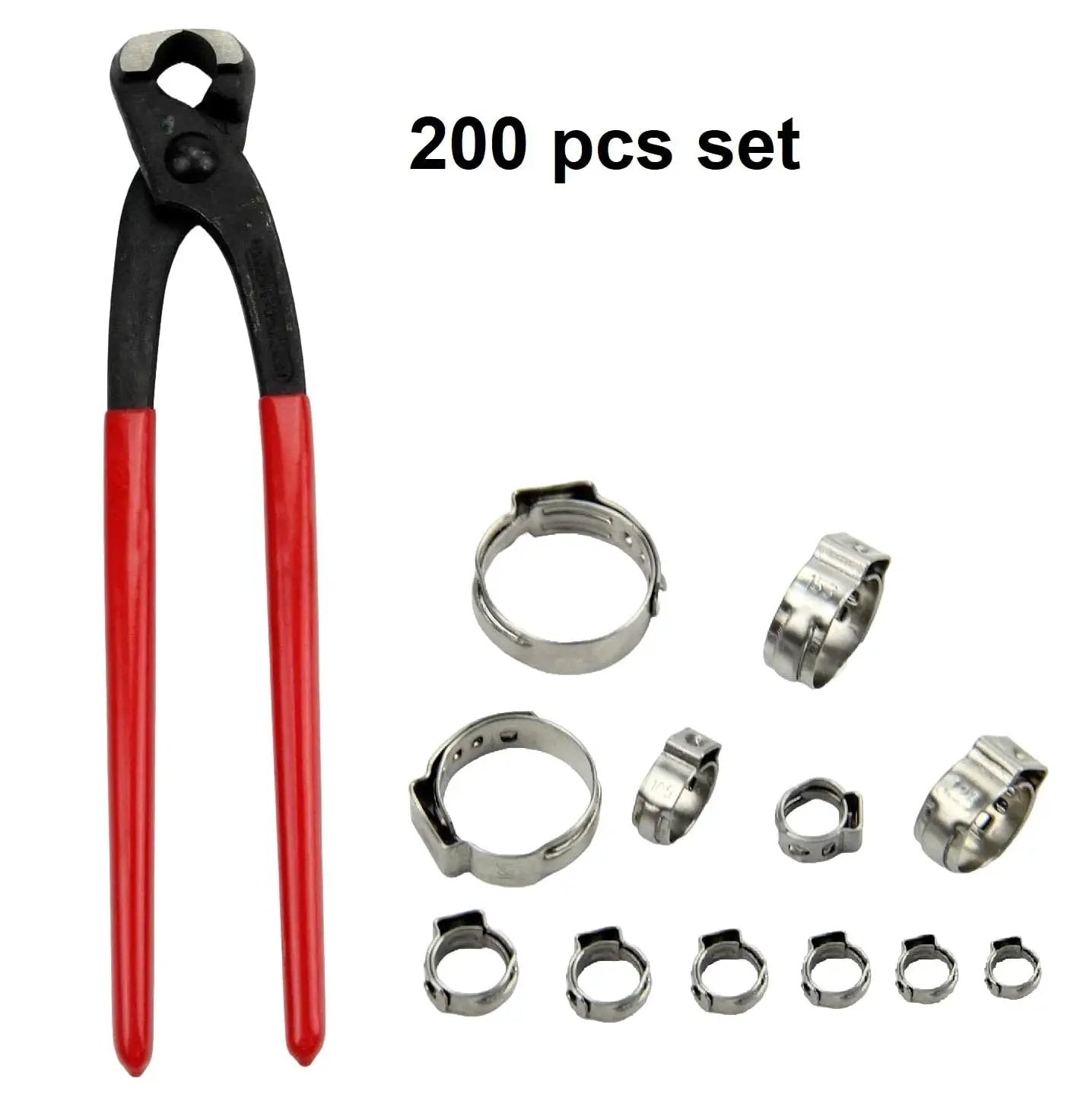 All Purpose Hose Clamp Kit With Pincers Crimper Tool 200 Pcs 304 Stainless Steel Stepless Single Ear includes crimp pliers