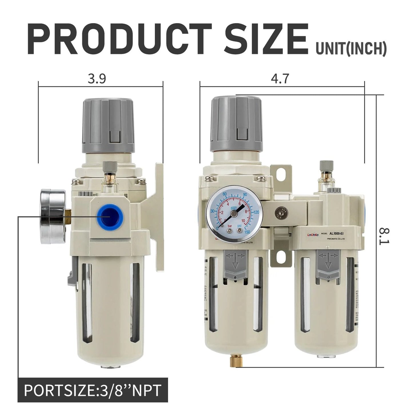 Pro Grade All In One FRL Air Filter Regulator Lubricator For Pneumatic Systems With Pressure Gauge 0-150 PSI And 3/8 NPT Water Separator Semi Auto Drain LNCHKA dimensions