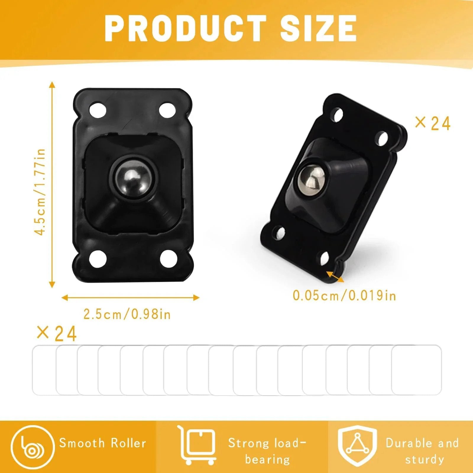 24 Pack Mini Self Adhesive Caster Wheels 1 Inch Stainless Steel Swivel Rollers Black For Appliances Size Chart and Features