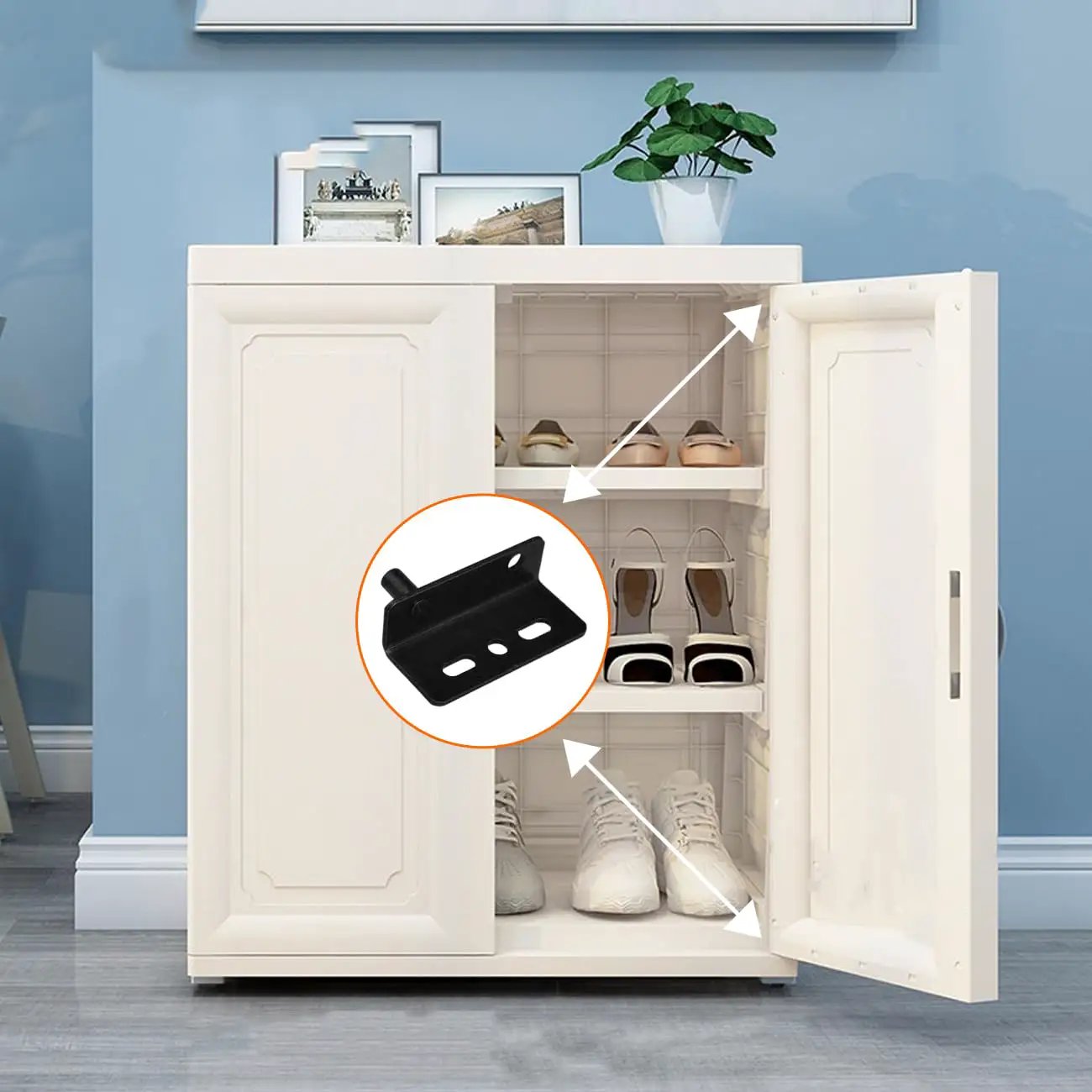 Open white cabinet with shoes, showing Black Heavy Duty Concealed Shaft Pivot Door Hinges Set for Wood Doors and Cabinets.