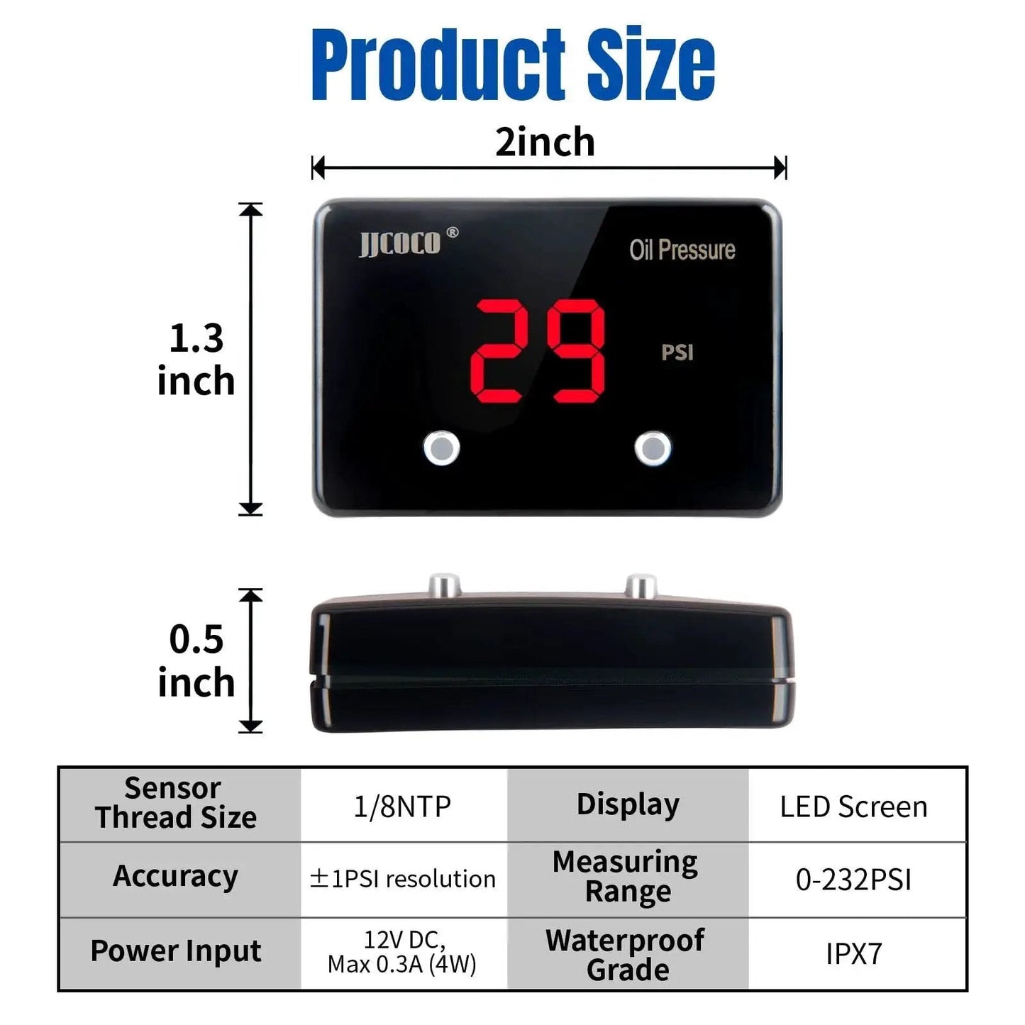 Oil Pressure Gauge Kit With LED Digital Display For 12V Cars And Trucks 0 To 232 PSI, showing size dimensions and specifications.