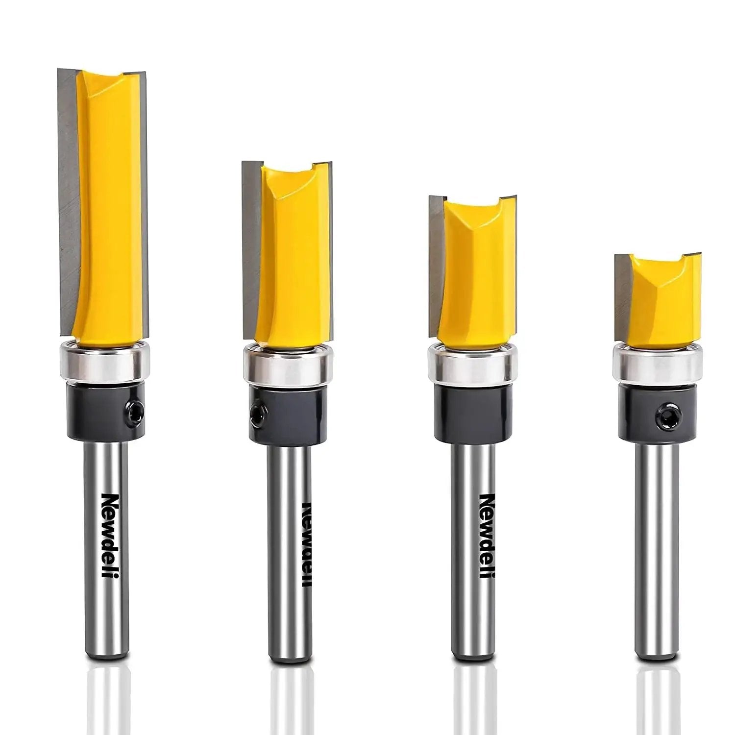 Pattern Flush Trim Router Bit Set With Bearing Guide For Tearout Prevention in Template Woodworking, 1/4 Inch Shank, Set of 4