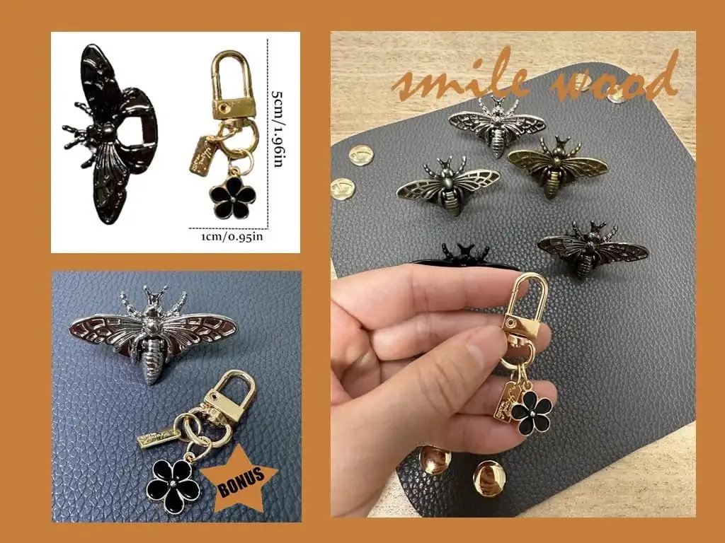 Bee Shaped Turn Lock Clasp Set for Purses and Handbags, 5 Pack Includes Daisy Keychain, Dark Tone Metal Latch Hardware for DIY Purse Making