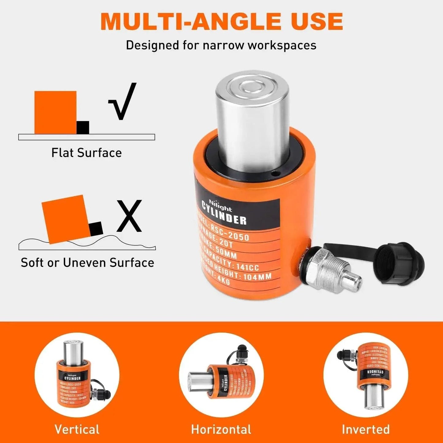 20 Ton Hydraulic Porta Power Kit With Manual Pump 2 Inch Stroke Orange, vertical and horizontal use illustration