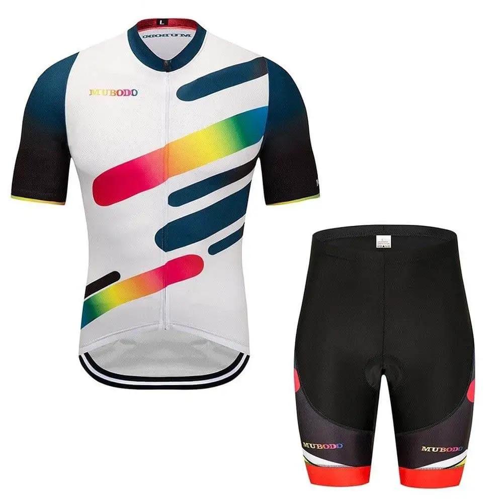 Men's cycling jersey and shorts set with rainbow stripes and black shorts, front view