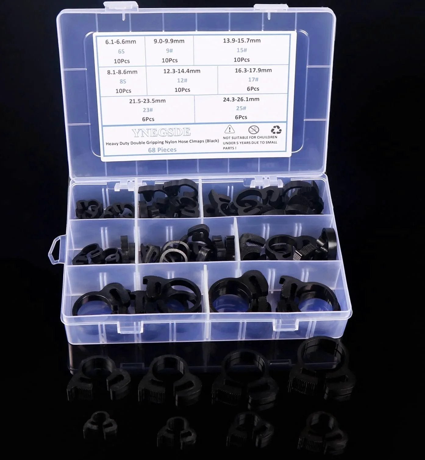 Heavy Duty Ratcheting Hose Clamp Set 6.1 To 26.1 Mm Adjustable Nylon Plastic Double Snap Grip 8 Size Kit With 68 Pieces