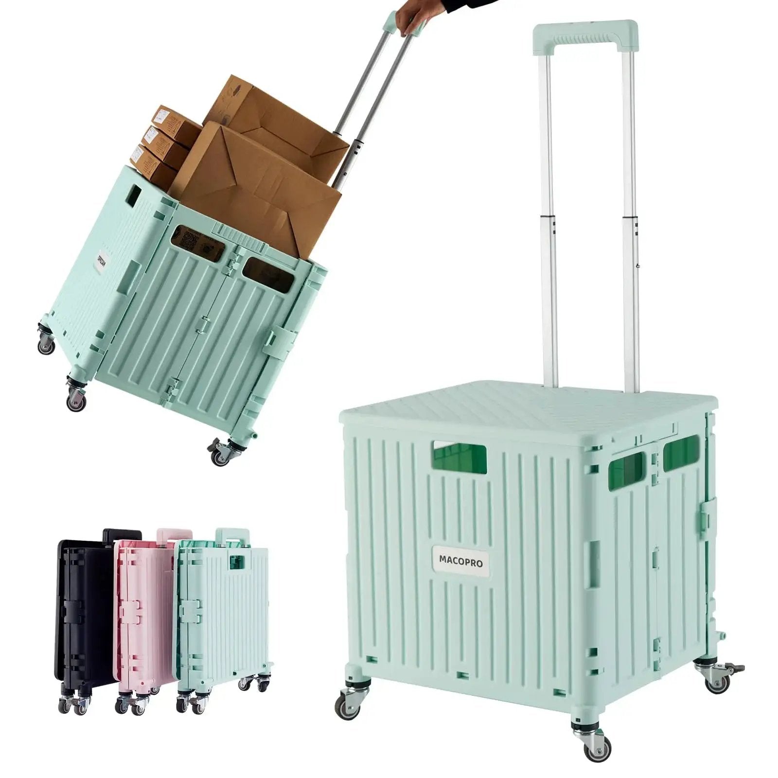 Foldable Utility Cart With Lid And Four 360 Degree Wheels Portable Handcart Green Macopro with telescopic handle