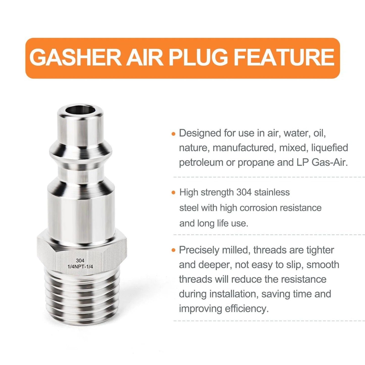 Five Pack Industrial Air Plugs In 304 Stainless Steel One Quarter Inch MNPT Threads For High Flow Pneumatic Systems Durable Corrosion Resistant Plugs Handles Up To 300 PSI And Works From Minus Sixty Five To Two Hundred Fifty Fahrenheit