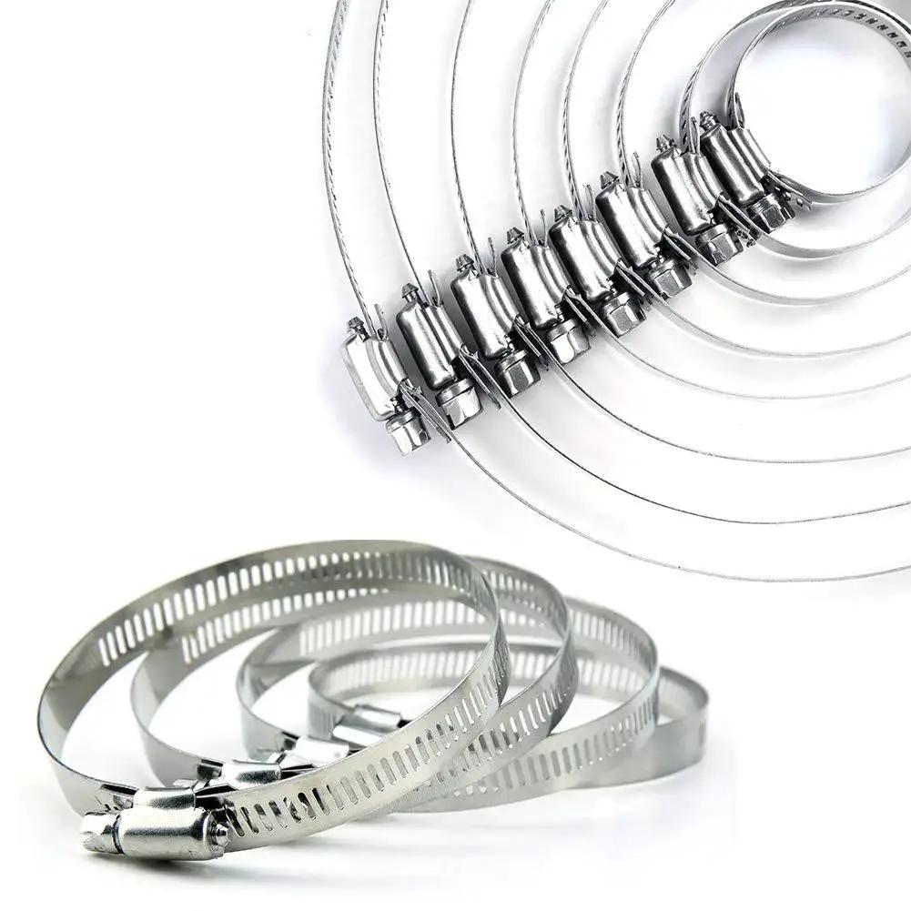 Stainless Steel Adjustable Worm Gear Hose Clamp Kit For 27 To 102mm Range, 12-Piece Silver Assortment, displayed overlapping in circle.