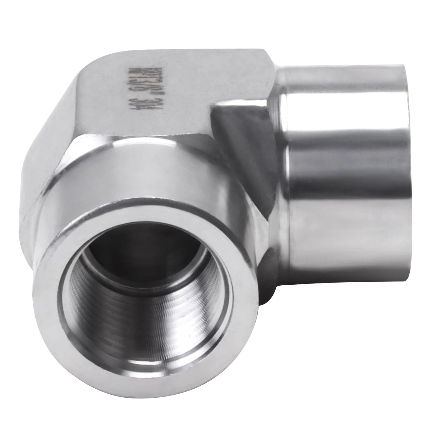 Close-up of a Stainless Steel 304 3/8 NPT Female to 3/8 NPT Female 90 Degree Street Elbow Fittings Pack of 2, showing corrosion resistance.