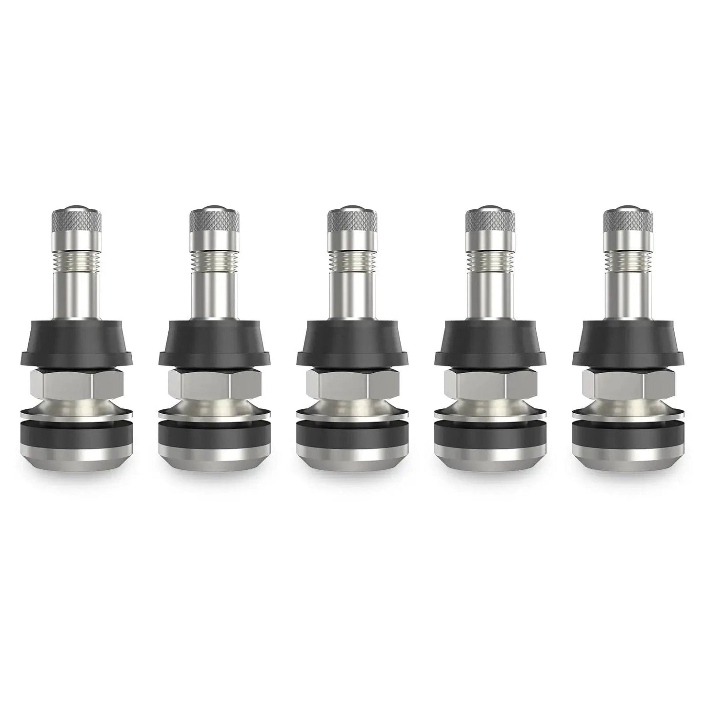 5 Pack Metal Tire Valve Stems Outer Mount Fits 0.453 Inch And 0.625 Inch Rim Holes Brass Chrome Finish EPDM Rubber High Temperature Valve Core Included Clamp In Valves With 1.5 Inch Effective Length And 1 5/8 Inch Overall Length shown in a row